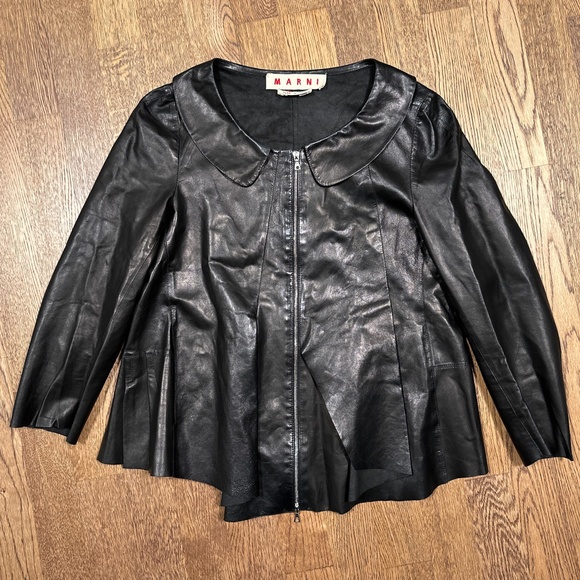 Marni Lambskin Lamb Leather Peplum Assymetrical Black Jacket Womens 40 - Picture 1 of 16